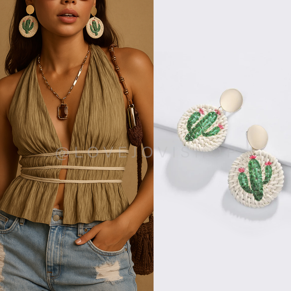 Earrings | Meeis Cactus Rattan Earrings | Hand-Painted Flirty Vacay Statement - Picture 3 of 3